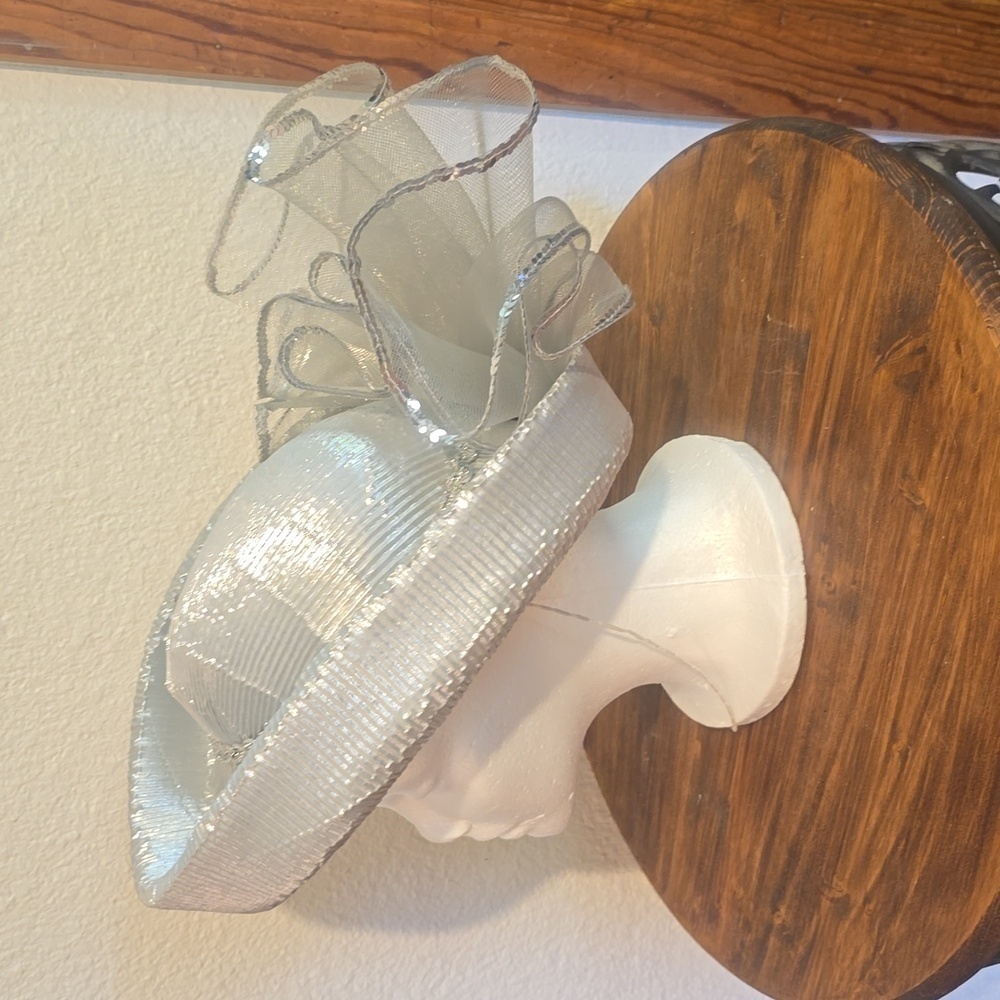 Vintage Silver Tulle DERBY/ Church HAT W/ Strap Stunning!